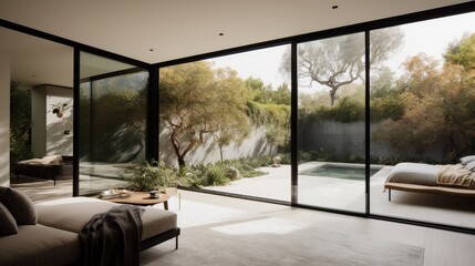 Minimalist indoor-outdoor living space with large sliding glass doors, generative ai