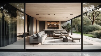 Fototapeta na wymiar Minimalist indoor-outdoor living space with large sliding glass doors, generative ai