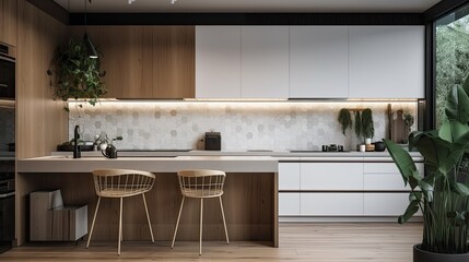 Minimalist kitchen with a bold backsplash and simple cabinetry, generative ai