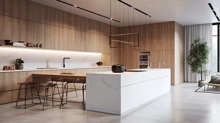 Minimalist kitchen with a sleek design and modern fixtures. generative ai