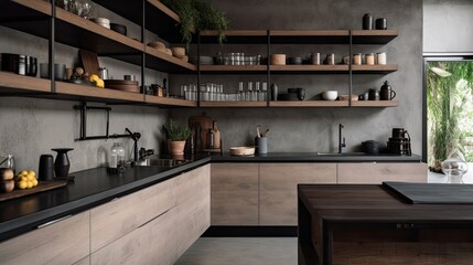 Minimalist kitchen with open shelving and concrete countertops, generative ai