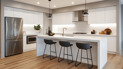 Minimalist kitchen with white cabinetry and stainless steel appliances, generative ai
