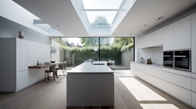 Minimalist kitchen with a skylight and a sleek design, generative ai