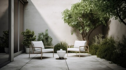 Minimalist patio with simple furniture and greenery, generative ai