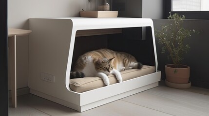 Minimalist pet corner with a sleek bed and organized storage, generative ai