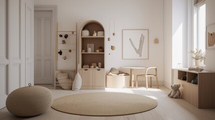 Minimalist play area with a simple design and storage solutions, generative ai