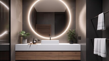 Minimalist powder room with a floating vanity and simple mirror, generative ai