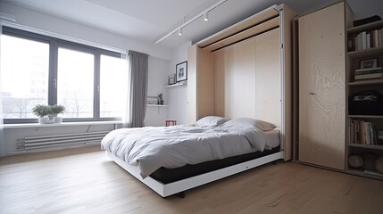 Minimalist studio apartment with a Murphy bed and multifunctional furniture, generative ai