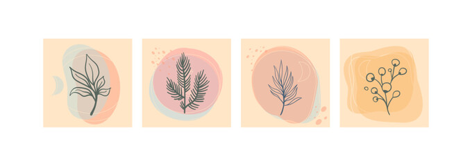 Set of abstract foliage wall art. Leaves, organic shapes, leaf branch, tree in vector line art style. Decoration collection design for interior, poster, cover, banner.