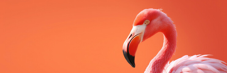 Flamingo profile on a red uniform background. Beautiful colorful bird. Generative AI