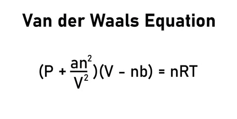 Van der waals equation in chemistry. Pressure, volume, temperature, gas constant and specific constants for each gas. Vector illustration isolated on white background.