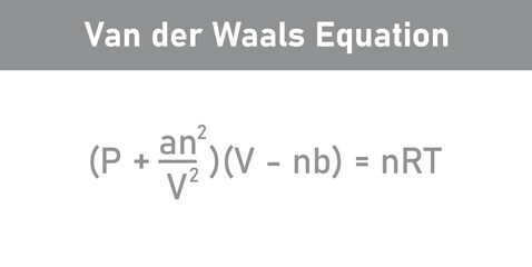 Van der waals equation in chemistry. Pressure, volume, temperature, gas constant and specific constants for each gas. Vector illustration isolated on white background.