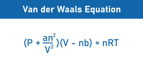 Van der waals equation in chemistry. Pressure, volume, temperature, gas constant and specific constants for each gas. Vector illustration isolated on white background.