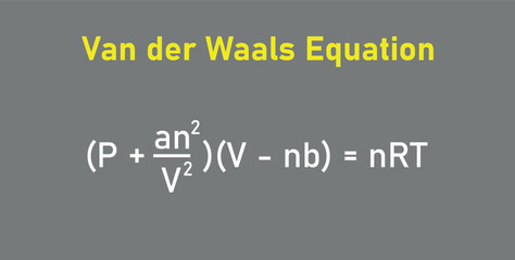 Van der waals equation in chemistry. Pressure, volume, temperature, gas constant and specific constants for each gas. Vector illustration isolated on grey background.