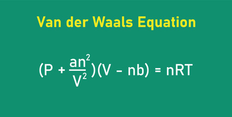 Van der waals equation in chemistry. Pressure, volume, temperature, gas constant and specific constants for each gas. Vector illustration isolated on chalkboard.