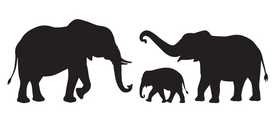 Elephants. Silhouette of African and Indian elephants with baby elephant. Animal Family. Isolated. Vector illustration - 598458397