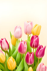 Beautiful composition of spring flowers. Bouquet of tulips on a pastel white background. Valentine's Day, Easter, Birthday, Women's Day, Mother's Day. Copy space, generative ai	