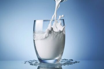 World milk day celebration banner illustration of a delicious glass of milk being poured on a smooth blue gradient background generative AI illustration