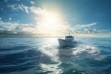 Motor boat at sea. Backdrop or background with copy space. AI generated, human enhanced.