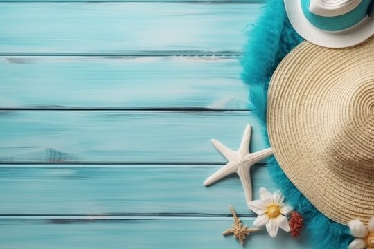 Beach accessories on wooden board, summer holiday banner. AI generated, human enhanced.
