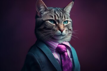 Anthropomorphic cat dressed in a suit like a businessman. business concept. AI generated, human enhanced - obrazy, fototapety, plakaty