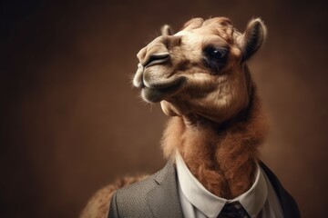 Anthropomorphic camel dressed in a suit like a businessman. business concept. AI generated, human enhanced