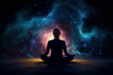 Silhouette of women in Lotus position on the abstract positive energy background . AI generated, human enhanced.