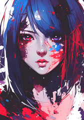 An abstract woman with blue hair and red eyes created using AI