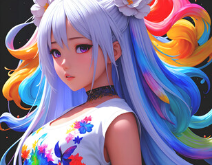 Anime girl with long hair and a rainbow on her head created using generative AI tools