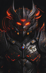 A robot character with a glowing face and a red glowing eyes created using AI