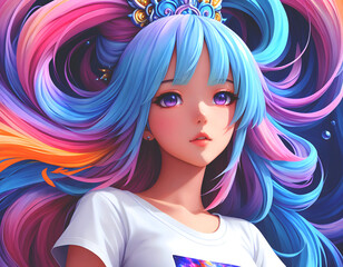 A girl with blue and pink hair and purple eyes created using generative AI tools