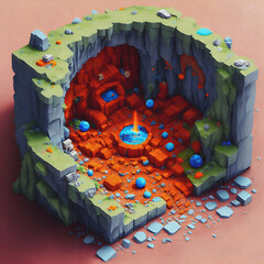 A low poly design of a small cave with a blue and orange design created using AI generative