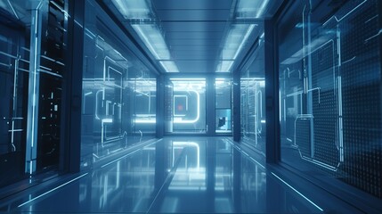 blue glass panel corridor, digital art illustration, Generative AI