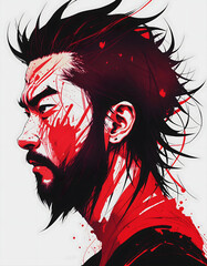 A drawing of a man with a beard in red ink created using AI