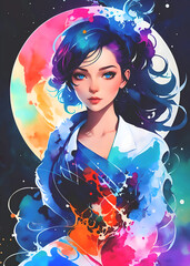 An abstract poster of a girl with the moon in the background created using AI generative tools