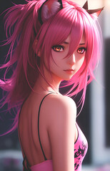 Anime girl with pink hair created using AI