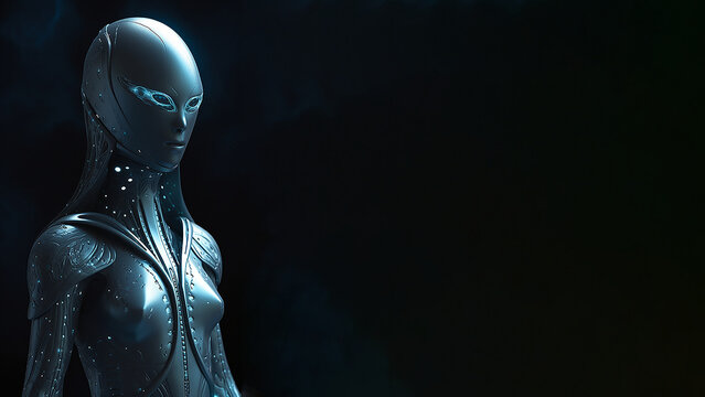an alien female on a black background with space for text or copy