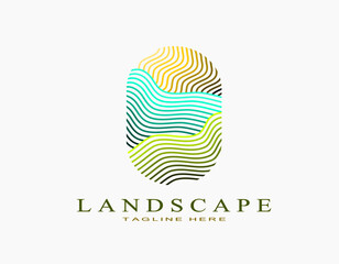 Elegant logo of landscape. Creative design with colorful wavy line art with yellow, brown, blue, and green. Suitable for travel, hotel, agriculture, farm.