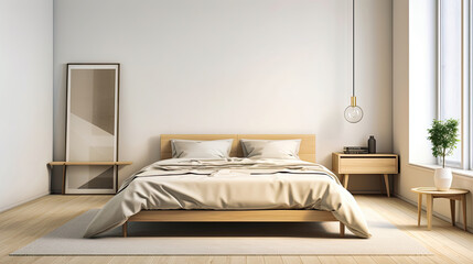 A bed in the bedroom, white walls, soft light, and a bedside table, in the style of minimalist staging