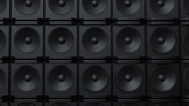 Huge black wall of modern music speakers - vertical pan animation - 4K Pro Res