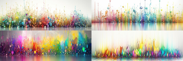 Four banners have been created using 10:3 ratio images, each displaying a vibrant array of abstract rainbow drops and sparkles complemented by fantasy fractal texture.
 Generative AI 