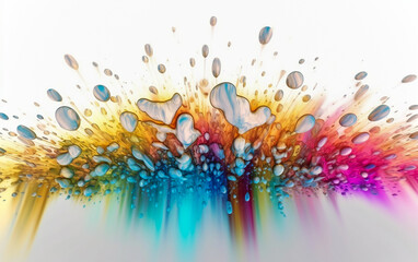 Digital art has used 3D rendering to create a fantasy fractal texture with abstract, colorful, glowing rainbow drops and sparkles on a white background.  Generative AI 