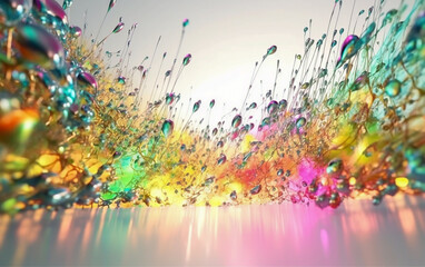 A 3D rendering has produced a white background featuring abstract, colorful, glowing rainbow drops and sparkles, created through a fantasy fractal texture in digital art.  Generative AI 