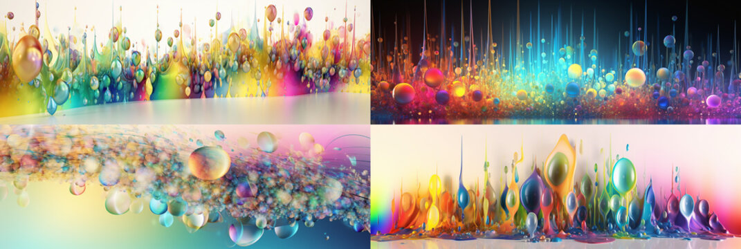 Ideal for banners, a series of four 10:3 ratio images have been arranged featuring an abstract display of colorful glowing rainbow drops and sparkles combined with fantasy  texture.  Generative AI 