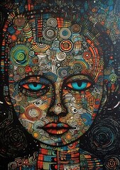 An abstract while childlike image of a thinking woman with Intricate patterns and rich colors, reflecting unlimited imagination and ascetics without restrictions  