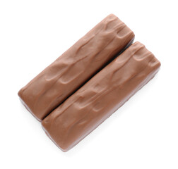 Tasty chocolate bars on white background, top view