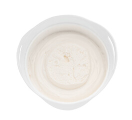 Container with tasty cream cheese isolated on white
