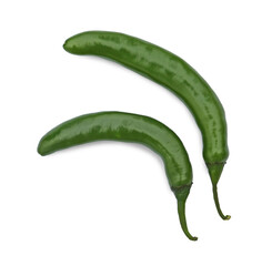 Green hot chili peppers on white background, top view