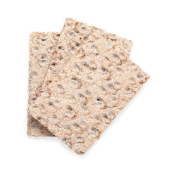 Three tasty crispbreads on white background, top view