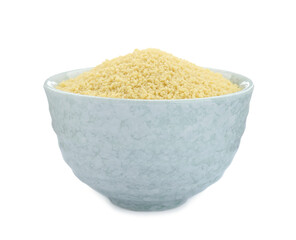 Bowl of raw couscous isolated on white